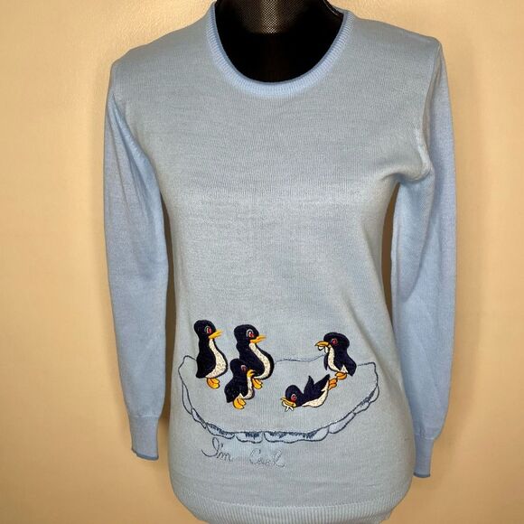 Vintage Rochelle Sweater Knit Penguin I’m Cool Zip Crewneck Blue Size Medium - Picture 8 of 10